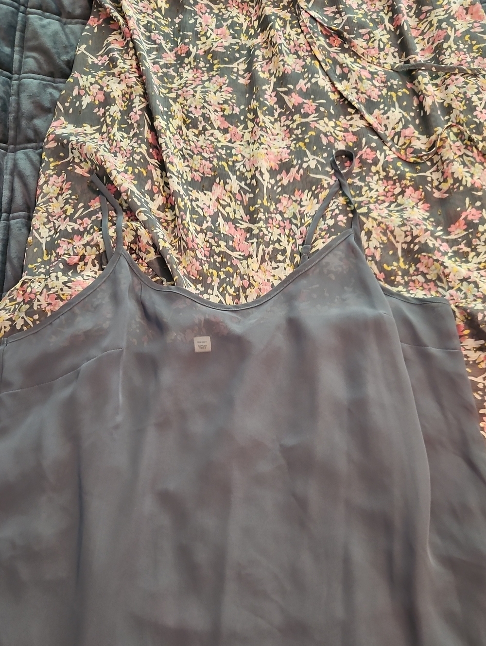 ANA Gray Floral Maxi Dress, Sheer Balloon Sleeves, Lined Slip, Cinched Waist, L - Picture 10 of 11